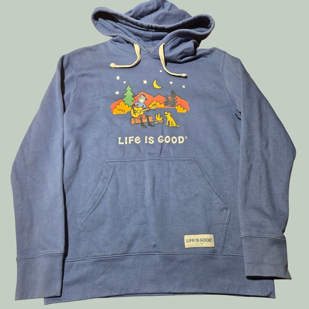 Life is Good Mens Blue Campfire Guitar Jake Dog Graphic Hoodie Small